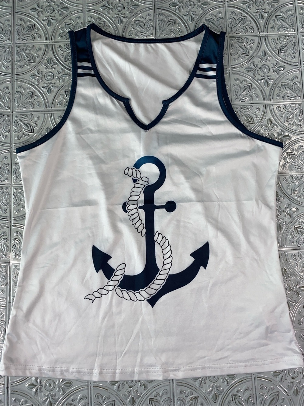 SHEIN Navy Anchor Graphic Tank Top White Blue XL Nautical Beach Yacht Rock